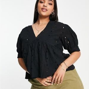 ASOS Black Broderie Smock Top with Peplum Hem, Eyelet Detail & Puff Sleeve